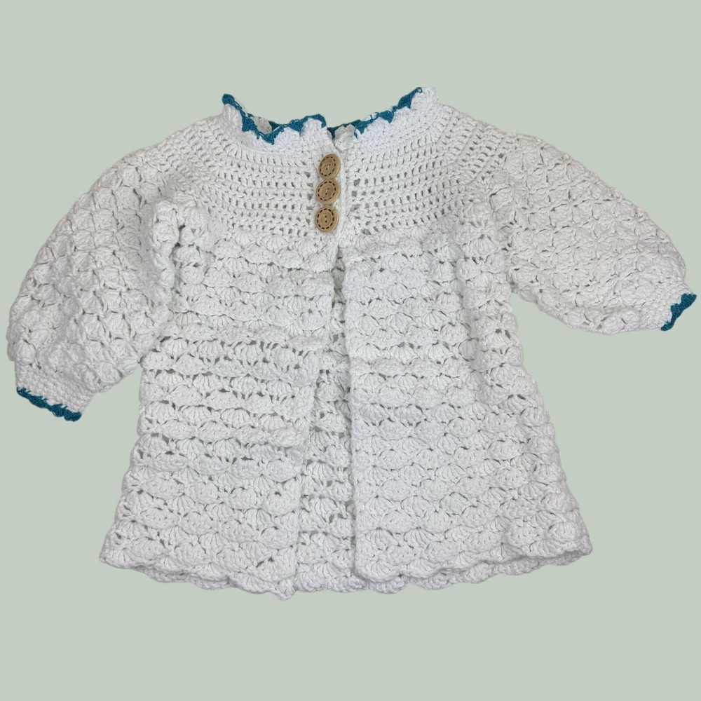 Handmade Crochet Baby Girl Cardigan White Boho Sweater Dress 18-24M Cute Photos